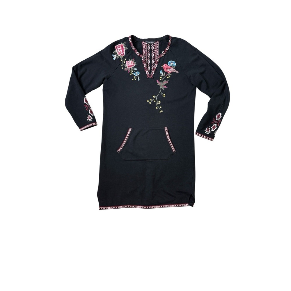 Driftwood Embroidered Bird Sweatshirt Dress M Black Floral Boho Pullover Tunic